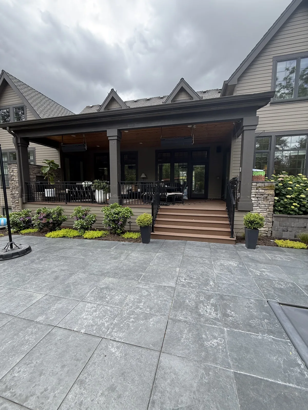Covered Timber Porch, Composite Stairs & Slate Paver Terrace